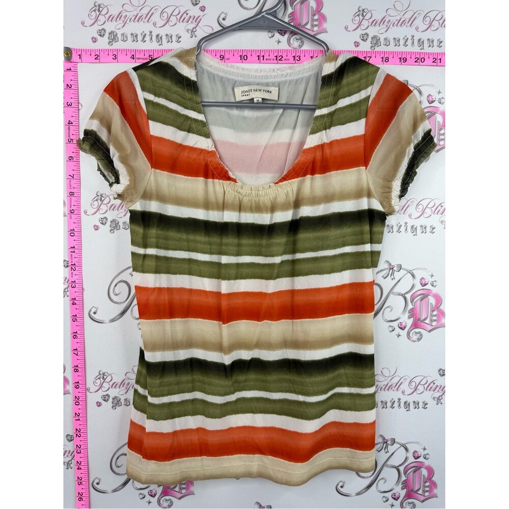 Jones New York T-shirt Olive Green, Orange & Cream Striped Short Sleeve Top